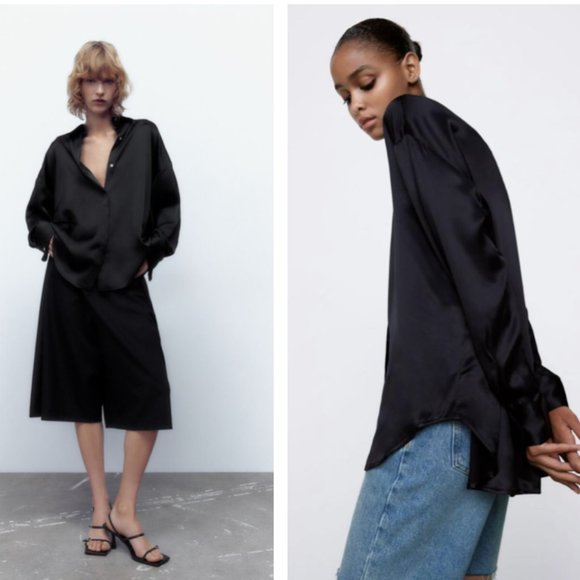 Zara Black satin button up blouse szL - Picture 1 of 17